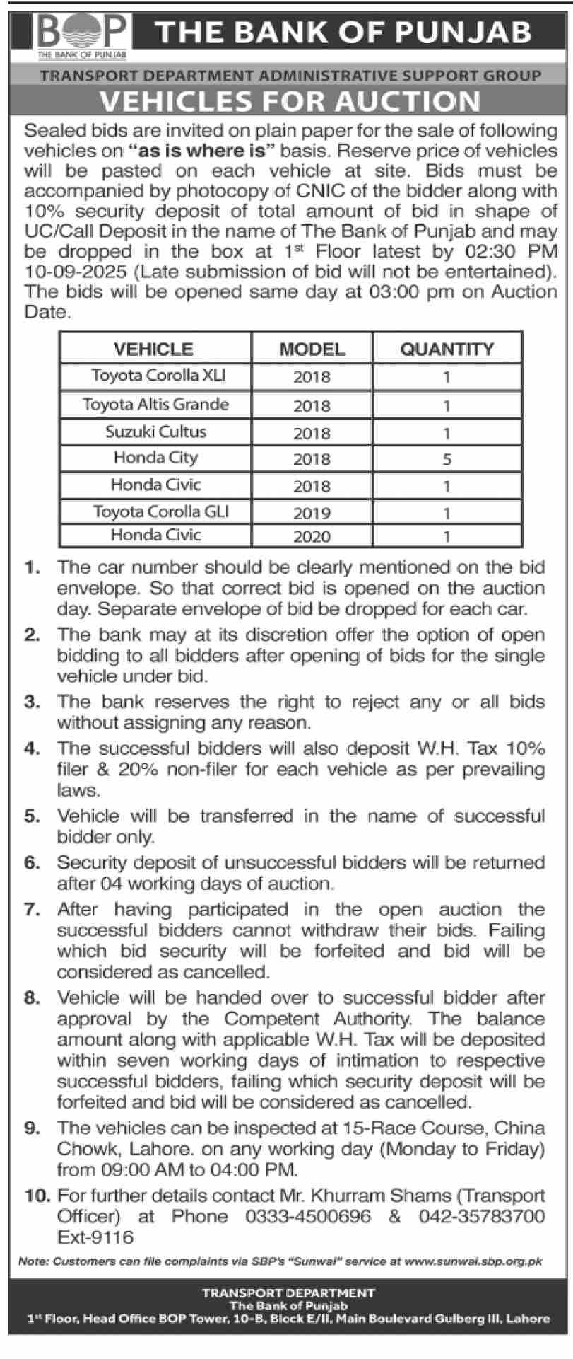 The Bank of Punjab Lahore Tender Notice